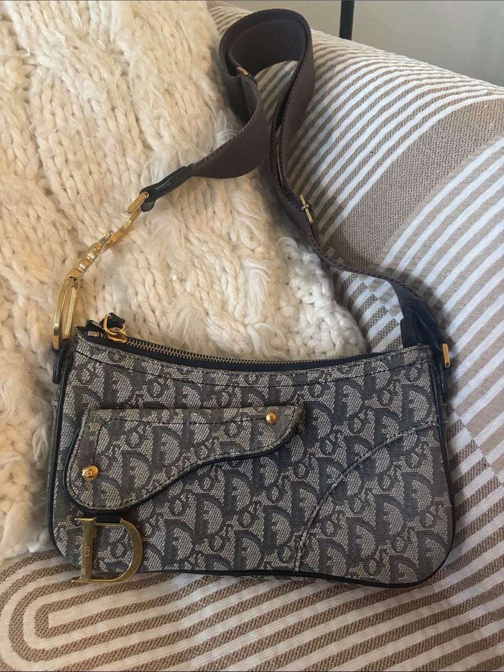 Dior Gray Monogram Shoulder Bag with Gold Hardware